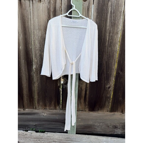 Ball of Cotton Knit Tie-Front Cardigan Cream 100% Rayon Large Made in USA - Picture 2 of 16